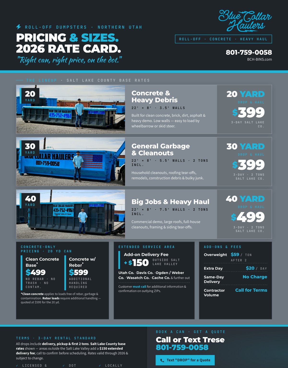 Blue Collar Haulers pricing rate card
